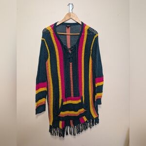 Torrid Open Knit Hooded Pullover Sweater | Size 1 | Multicolor Fringe Baja Style